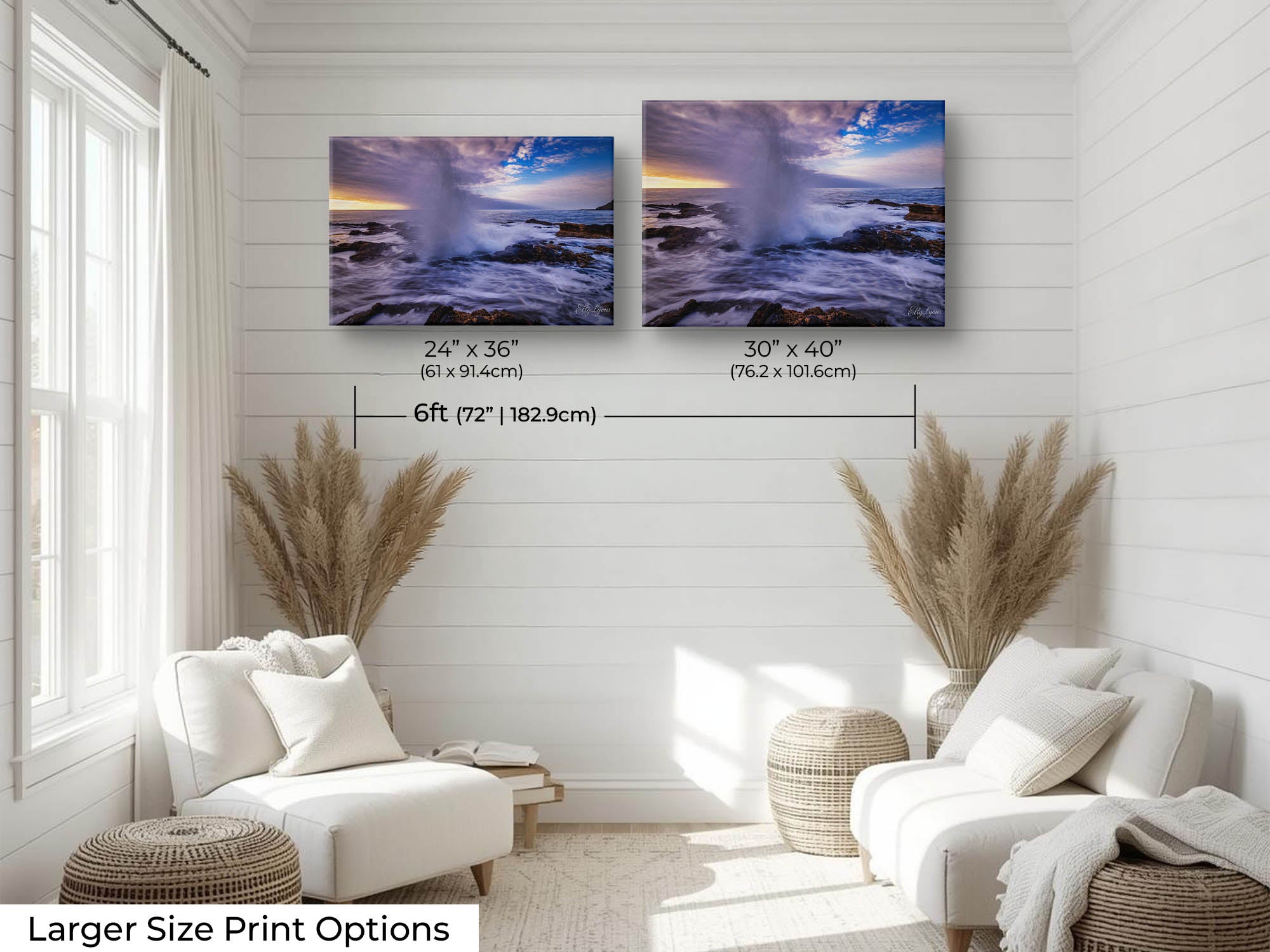 Oregon coast Thor’s Well sunset fine art print wall art size mockup showing 24x36 and 30x40 inch prints above a reading chair by a six foot wall
