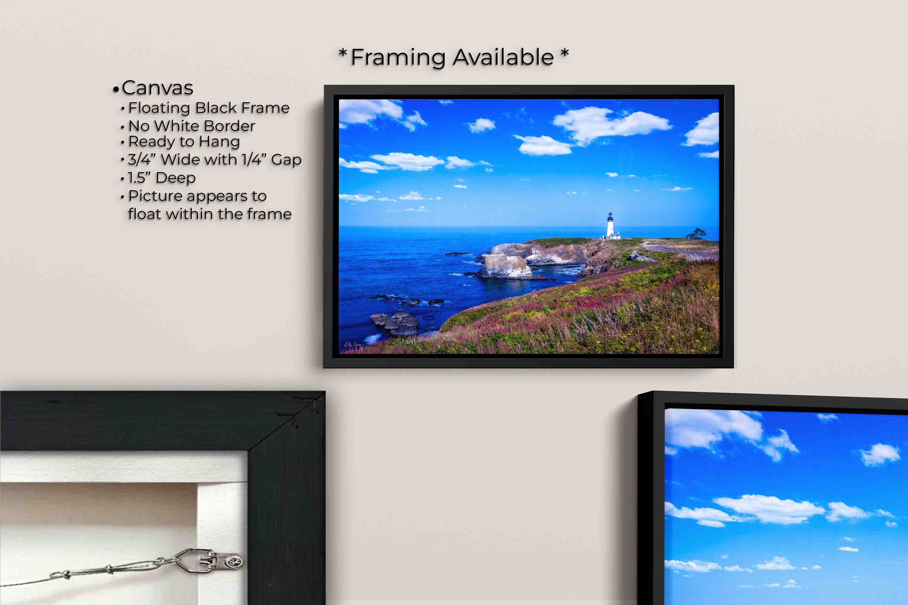 Yaquina lighthouse on the Oregon Coast fine art print canvas wall art in black float frame, canvas framing option details