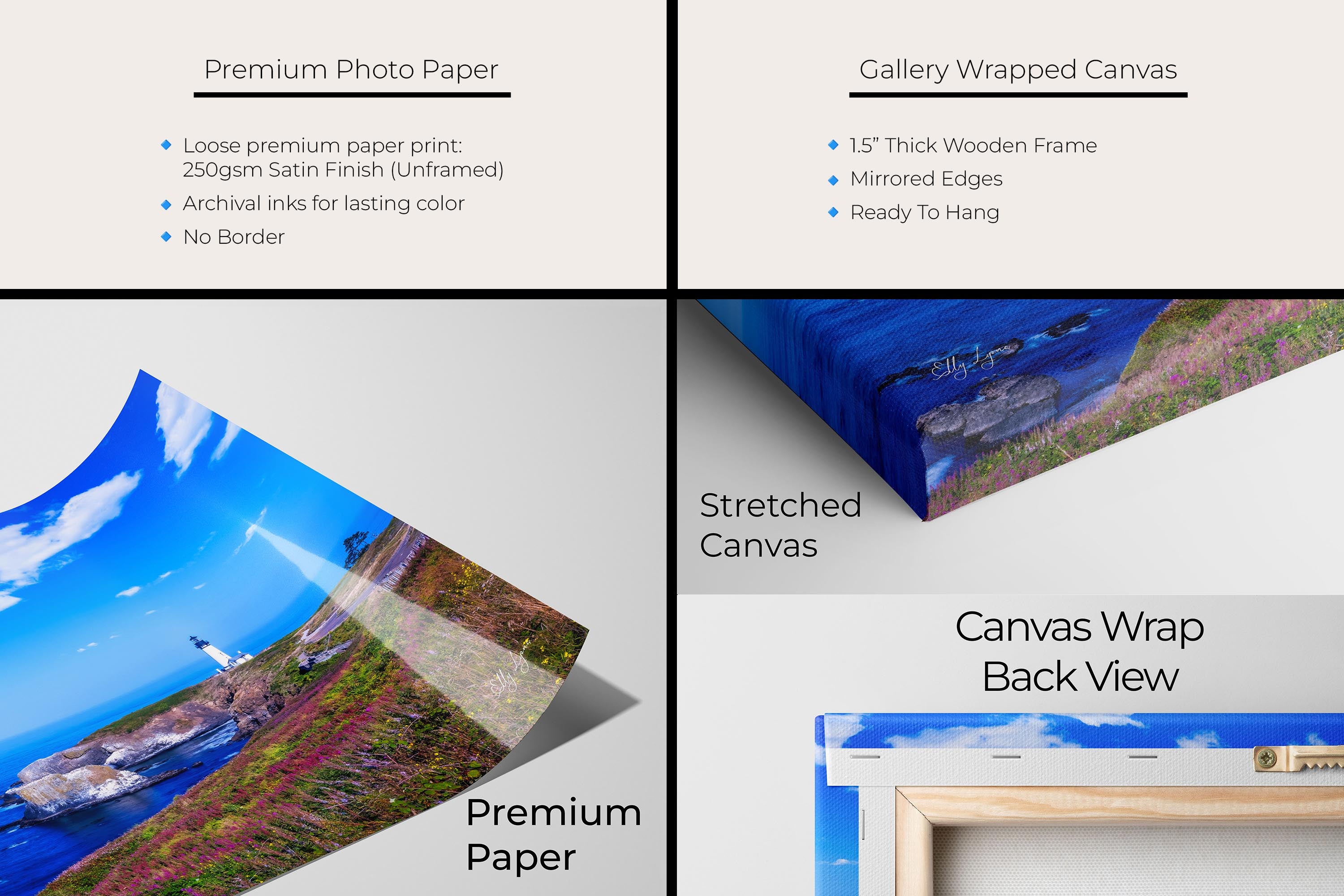 Yaquina lighthouse on the Oregon Coast fine art print artwork materials mockup showing premium photo paper and gallery wrapped canvas close up