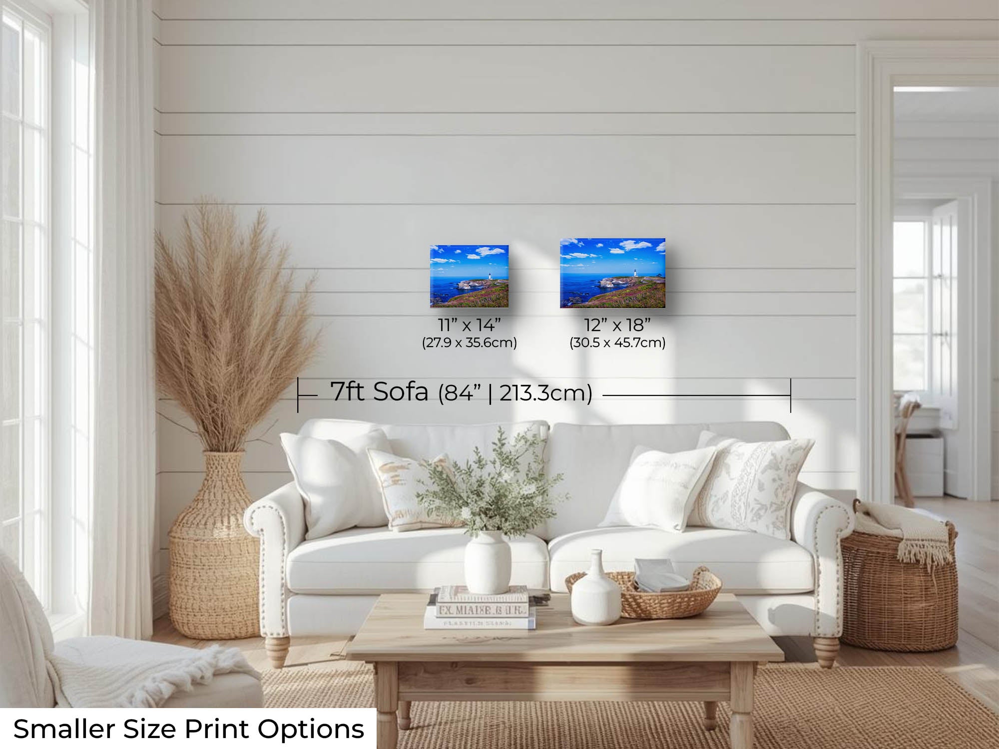 Yaquina lighthouse on the Oregon Coast fine art print wall art size mockup showing 11x14 and 12x18 inch prints above a seven foot sofa