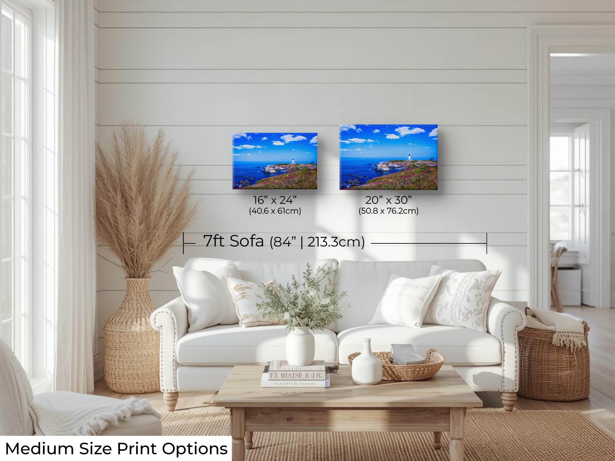Yaquina lighthouse on the Oregon Coast fine art print wall art size mockup showing 16x24 and 20x30 inch prints above a seven foot sofa