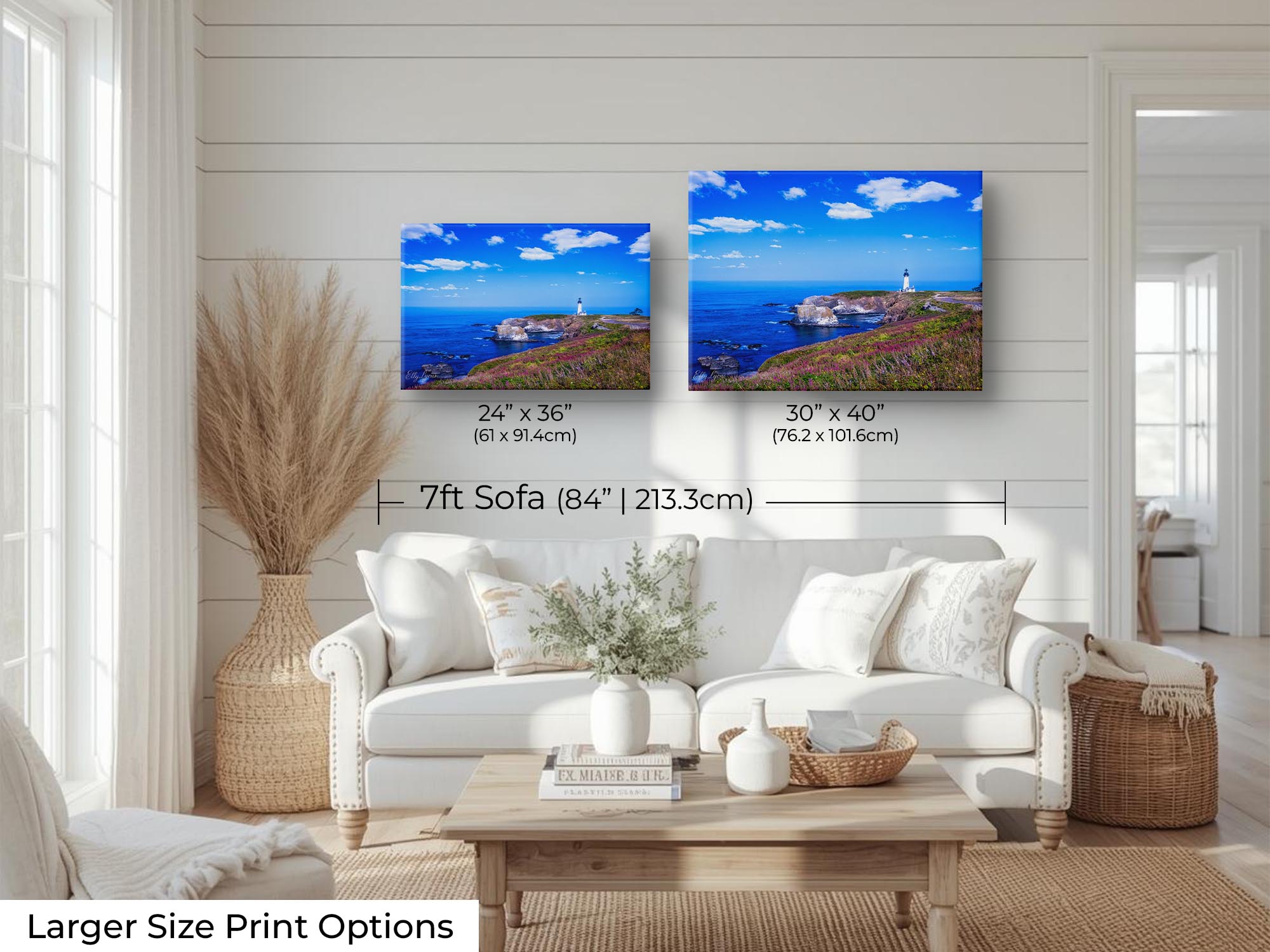 Yaquina lighthouse on the Oregon Coast fine art print wall art size mockup showing 24x36 and 30x40 inch prints above a seven foot sofa