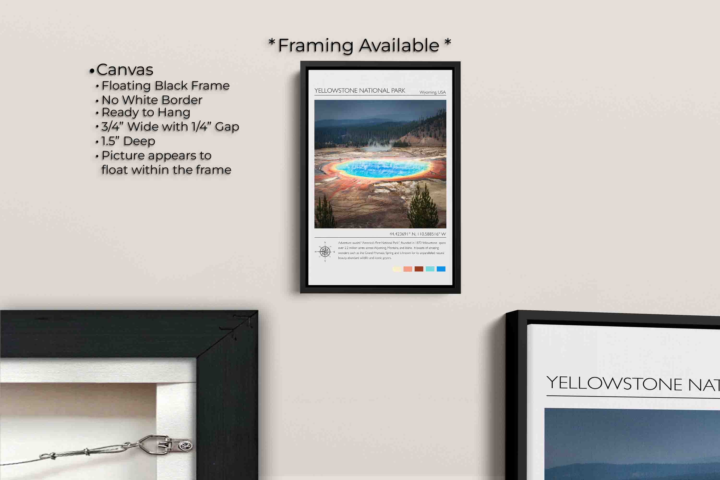 Yellowstone National Park travel poster featuring Grand Prismatic Spring photograph and photo inspired color palette canvas wall art in black float frame, canvas framing option details