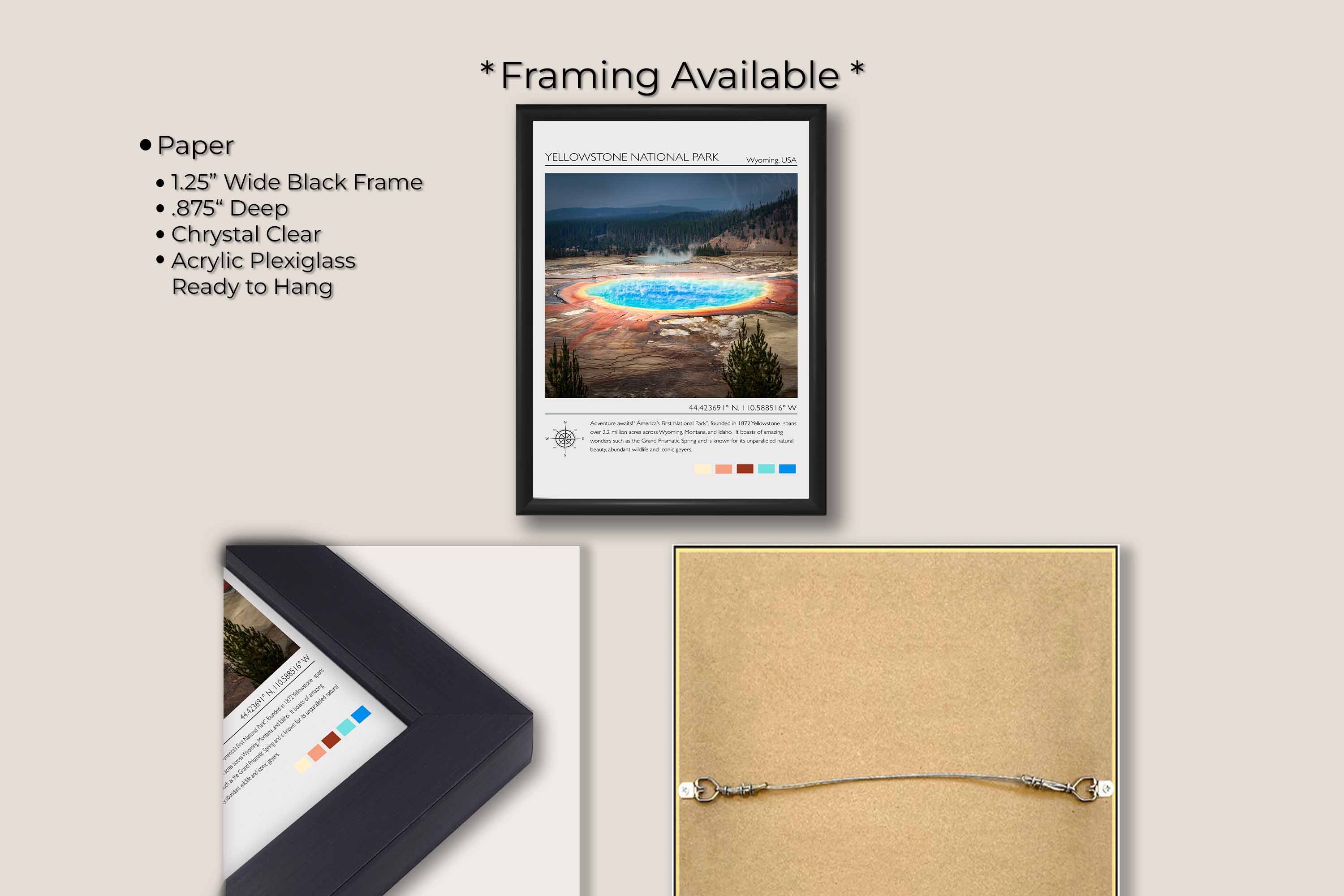 Yellowstone National Park travel poster featuring Grand Prismatic Spring photograph and photo inspired color palette in black frame, paper and framing option details