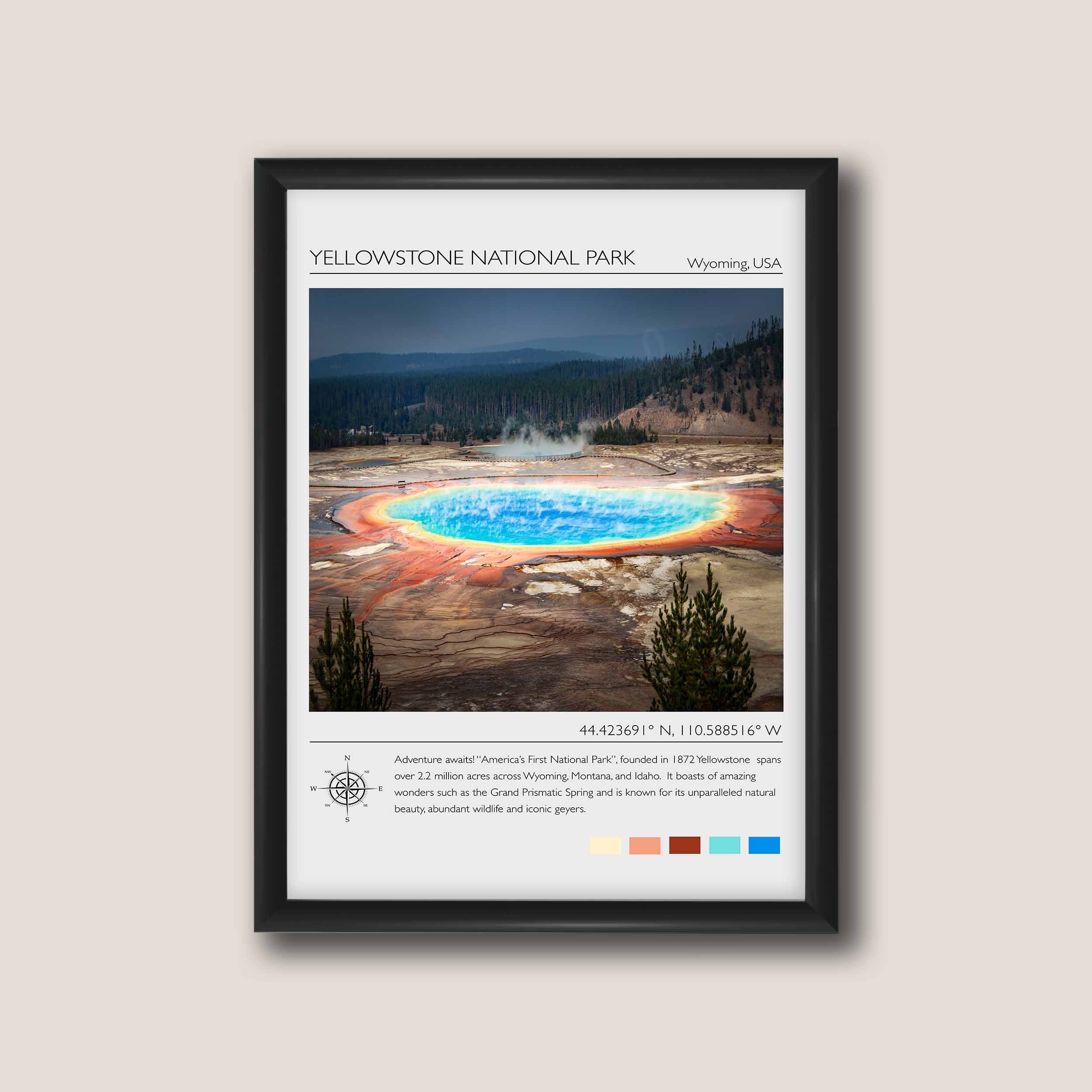 Yellowstone National Park travel poster featuring Grand Prismatic Spring photograph and photo inspired color palette