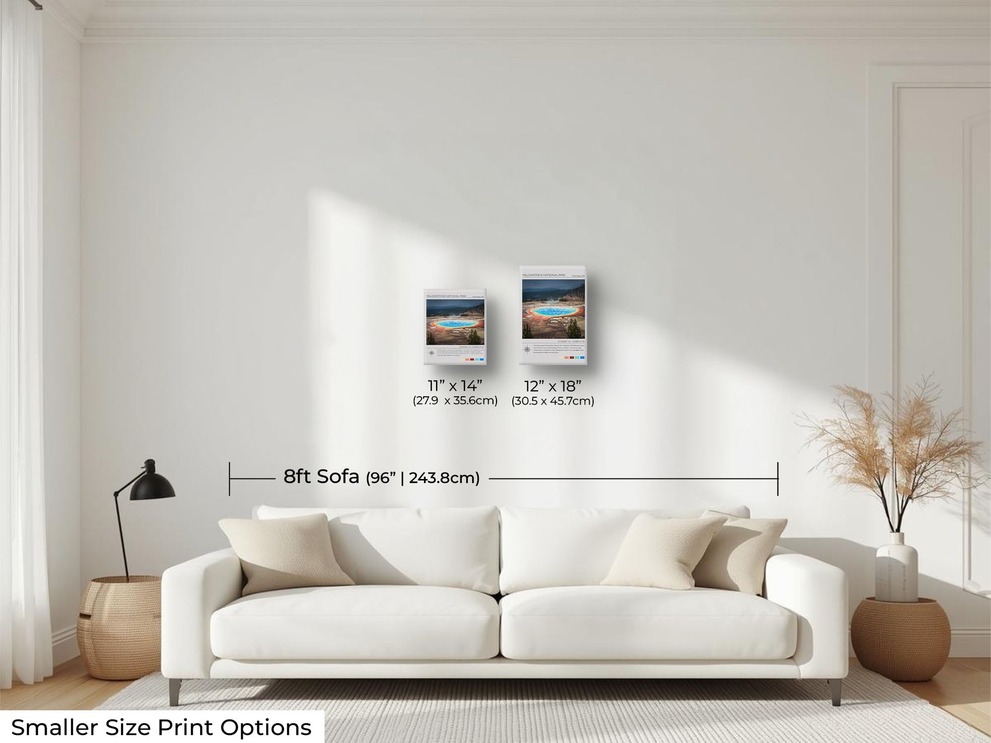 Yellowstone National Park travel poster featuring Grand Prismatic Spring photograph and photo inspired color palette wall art size mockup showing 11x14 and 12x18 inch prints above an eight foot sofa