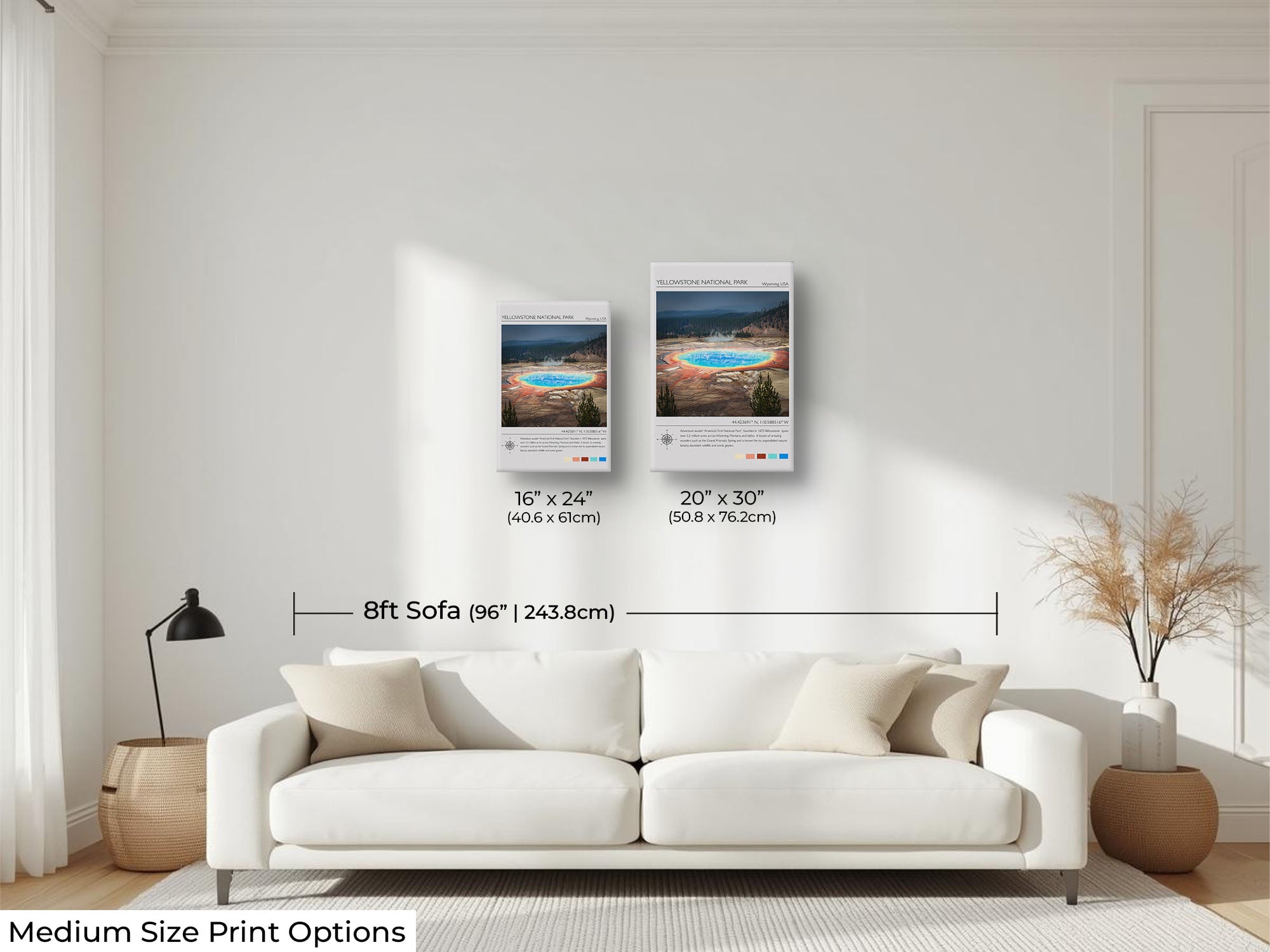 Yellowstone National Park travel poster featuring Grand Prismatic Spring photograph and photo inspired color palette wall art size mockup showing 16x24 and 20x30 inch prints above an eight foot sofa