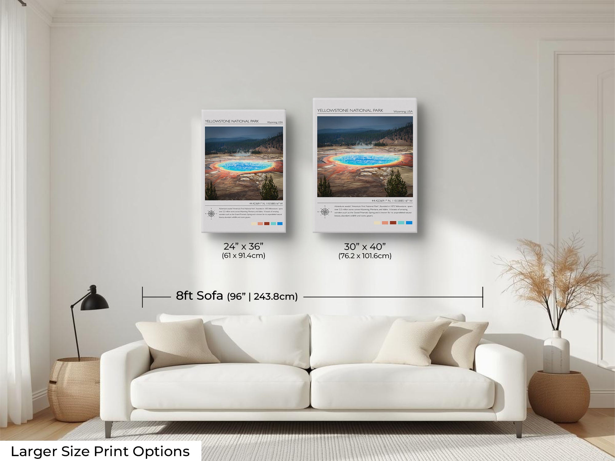 Yellowstone National Park travel poster featuring Grand Prismatic Spring photograph and photo inspired color palette wall art size mockup showing 24x36 and 30x40 inch prints above an eight foot sofa
