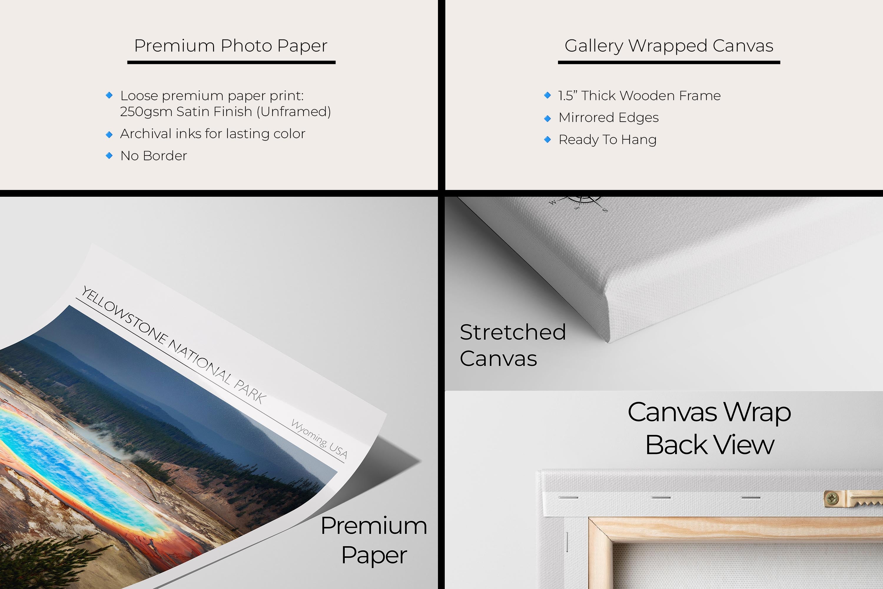 Yellowstone National Park travel poster featuring Grand Prismatic Spring photograph and photo inspired color palette artwork materials mockup showing premium photo paper and gallery wrapped canvas close up