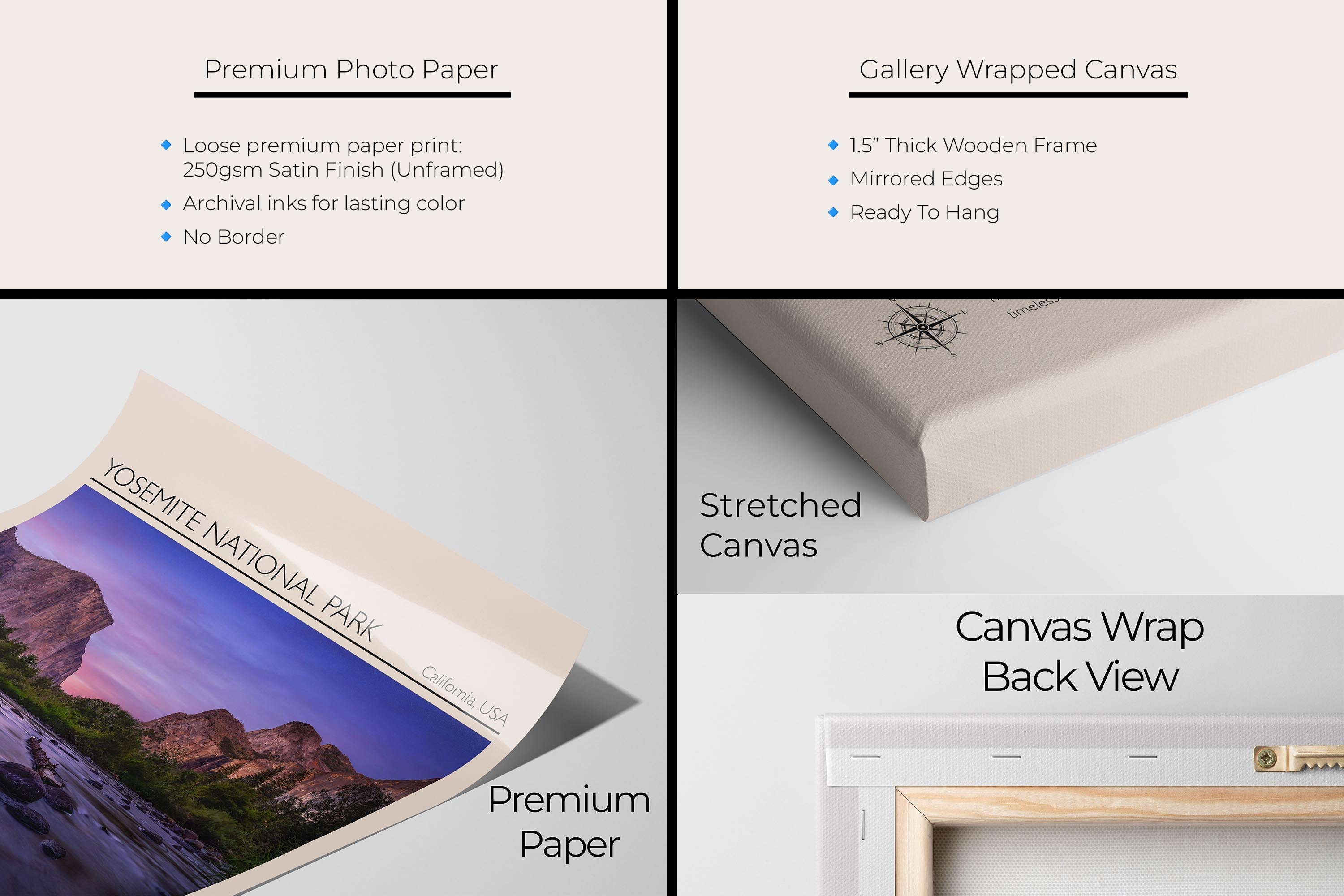 Yosemite National Park travel poster featuring El Capitan photograph and photo inspired color palette artwork materials mockup showing premium photo paper and gallery wrapped canvas close up