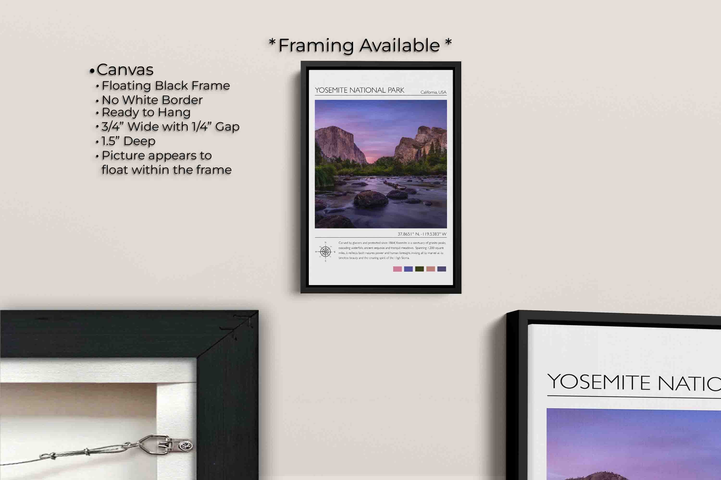 Yosemite National Park travel poster featuring El Capitan photograph and photo inspired color palette canvas wall art in black float frame, canvas framing option details