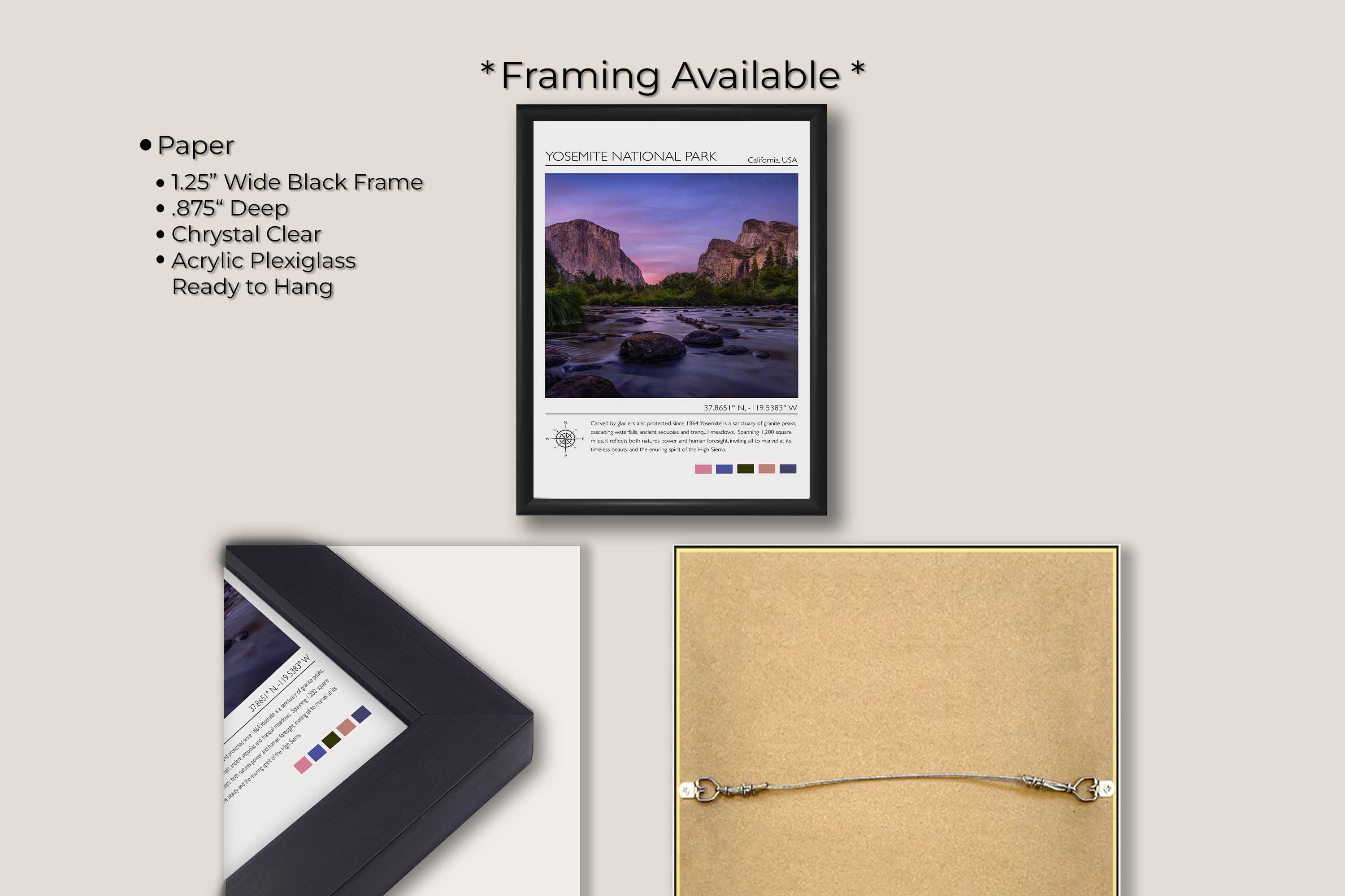 Yosemite National Park travel poster featuring El Capitan photograph and photo inspired color palette in black frame, paper and framing option details