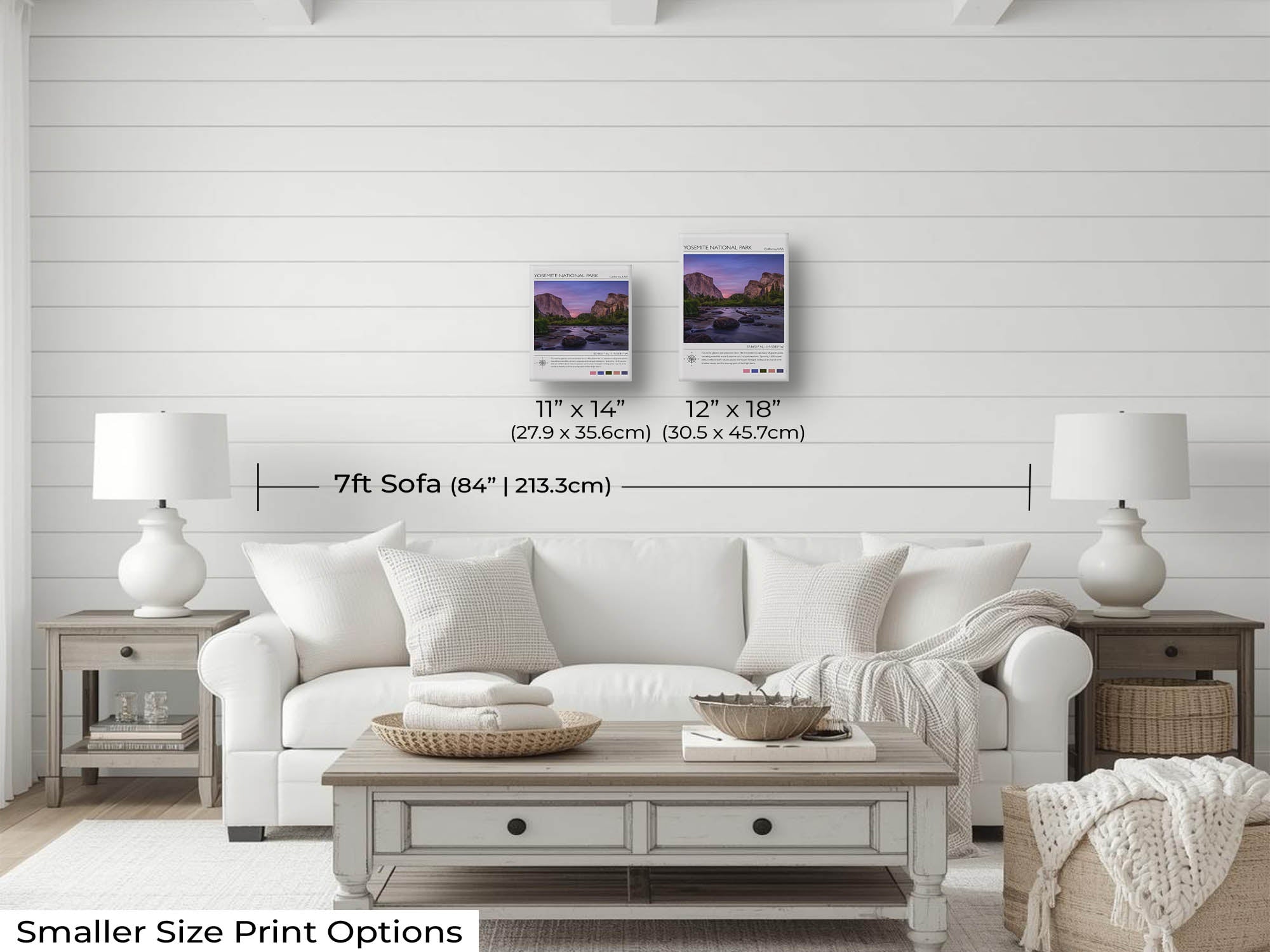 Yosemite National Park travel poster featuring El Capitan photograph wall art size mockup showing 11x14 and 12x18 inch prints above a seven foot sofa 