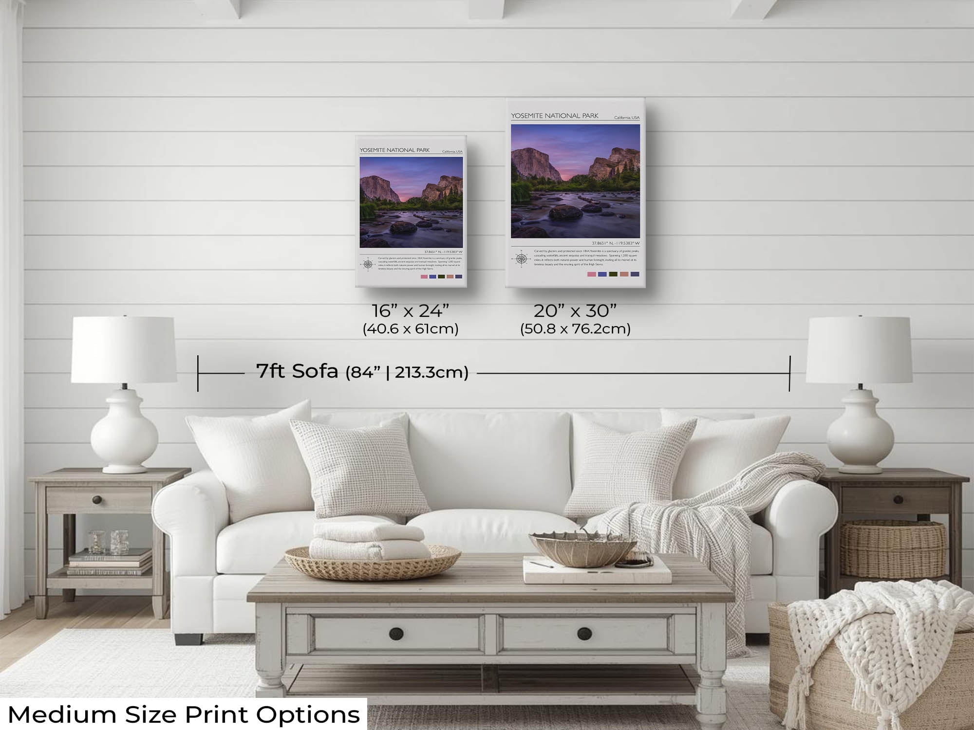 Yosemite National Park travel poster featuring El Capitan photograph wall art size mockup showing 16x24 and 20x30 inch prints above a seven foot sofa 