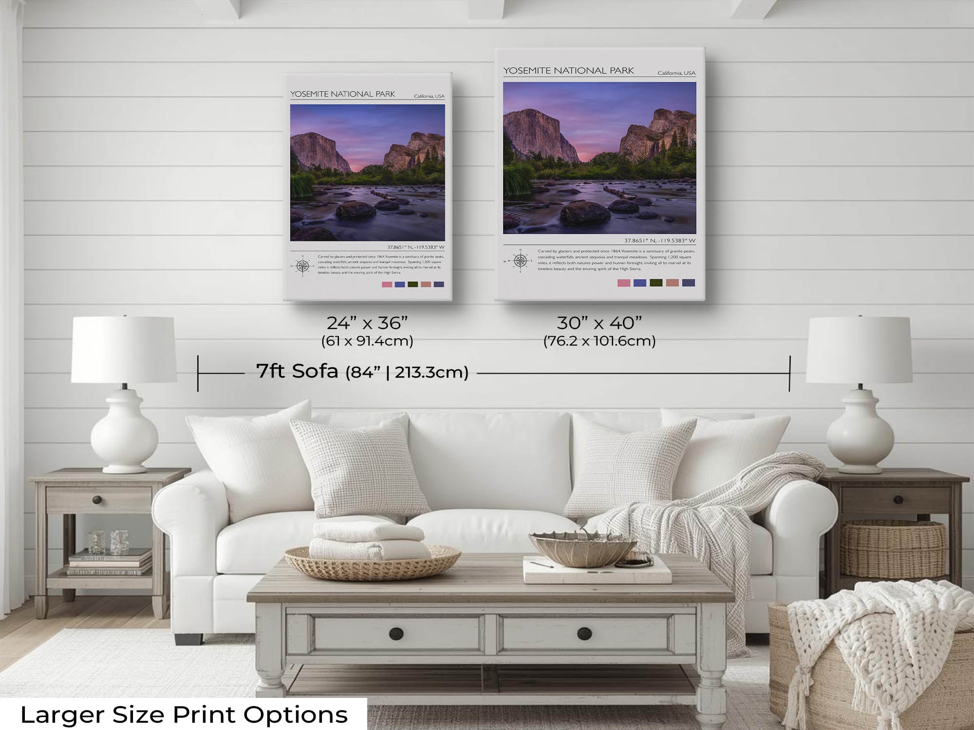 Yosemite National Park travel poster featuring El Capitan photograph wall art size mockup showing 24x36 and 30x40 inch prints above a seven foot sofa 