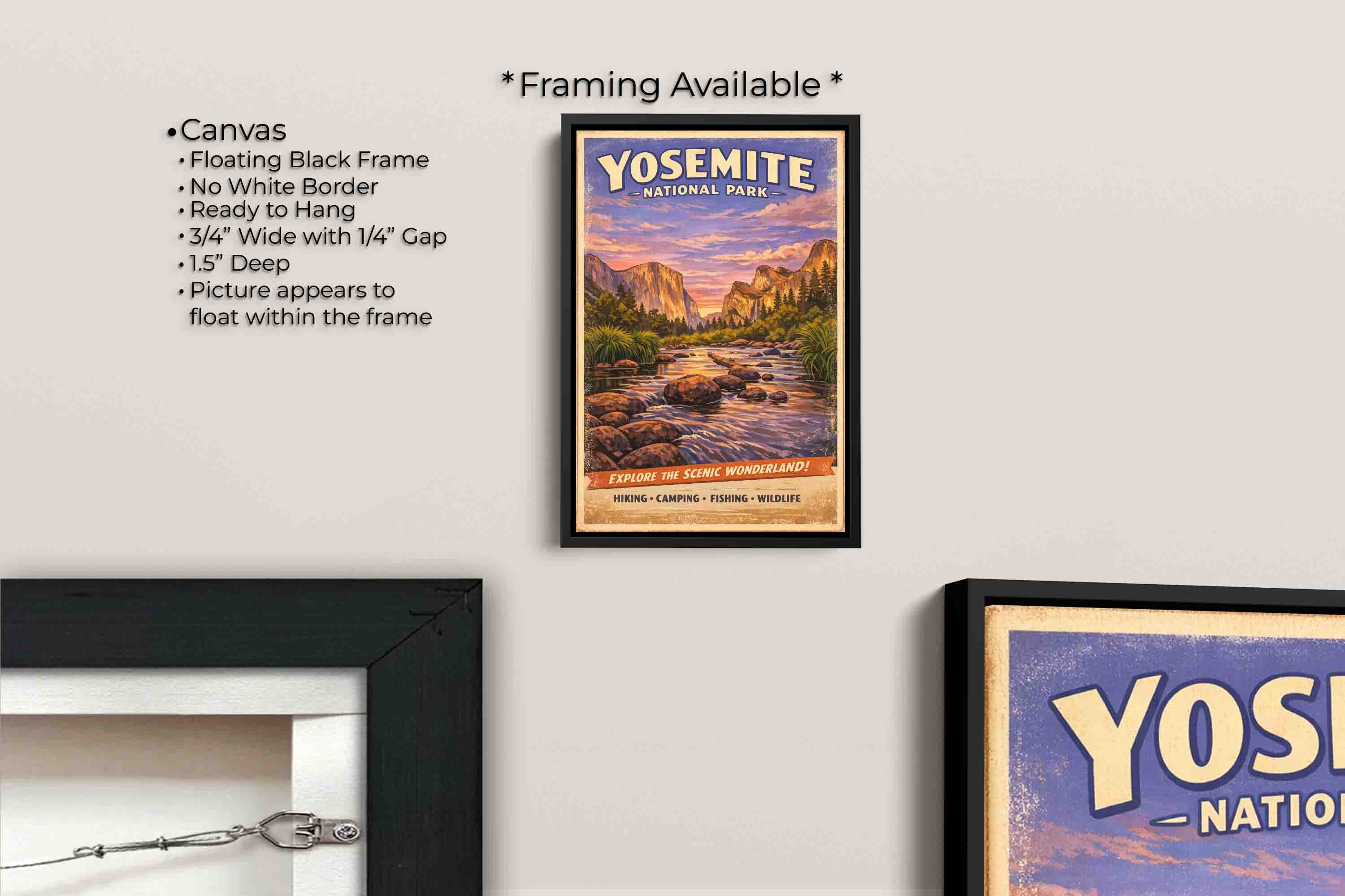 Yosemite National Park vintage travel poster featuring El Capitan and the Merced River canvas wall art in black float frame, canvas framing option details