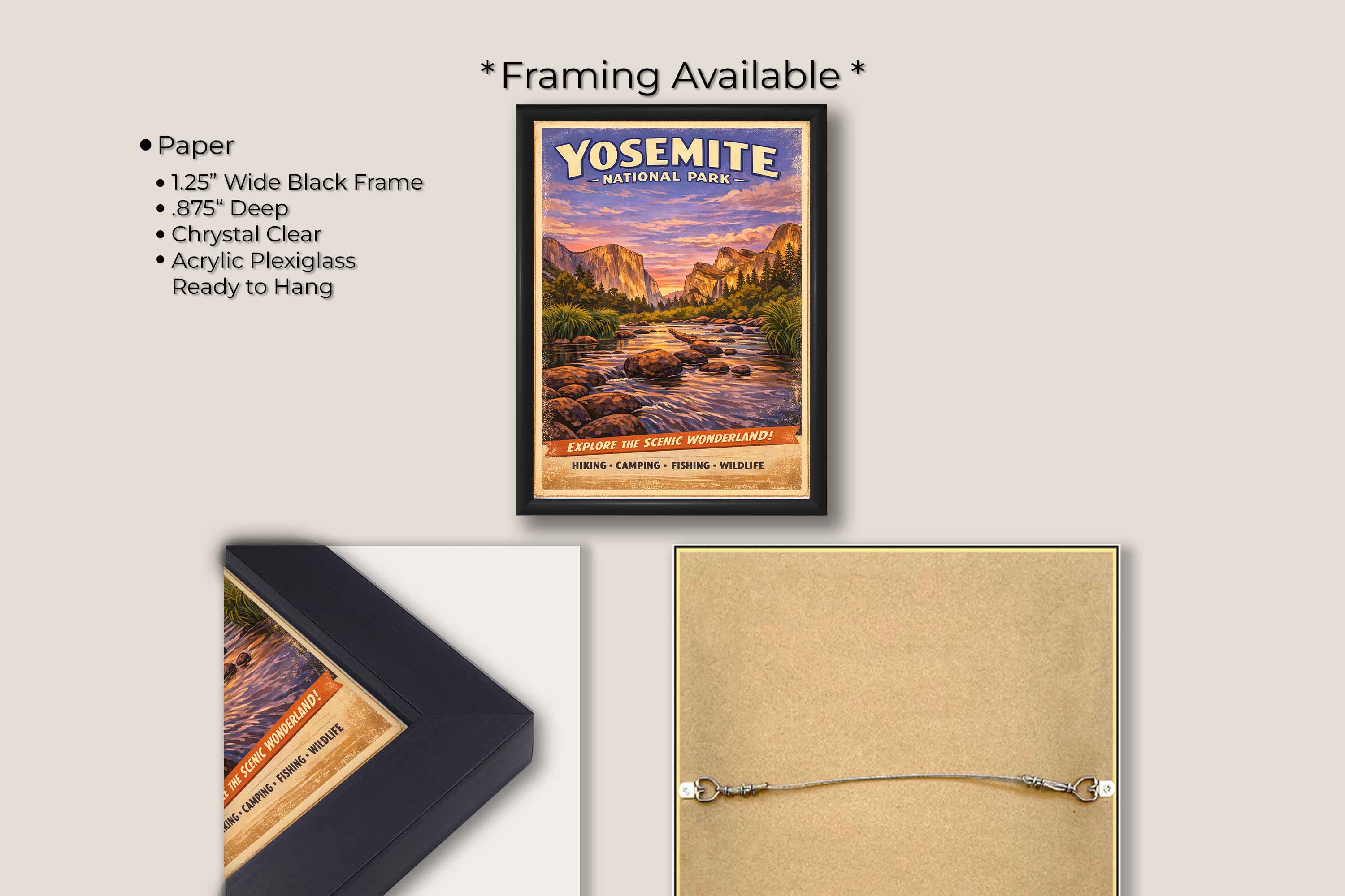 Yosemite National Park vintage travel poster featuring El Capitan and the Merced River in black frame, paper and framing option details
