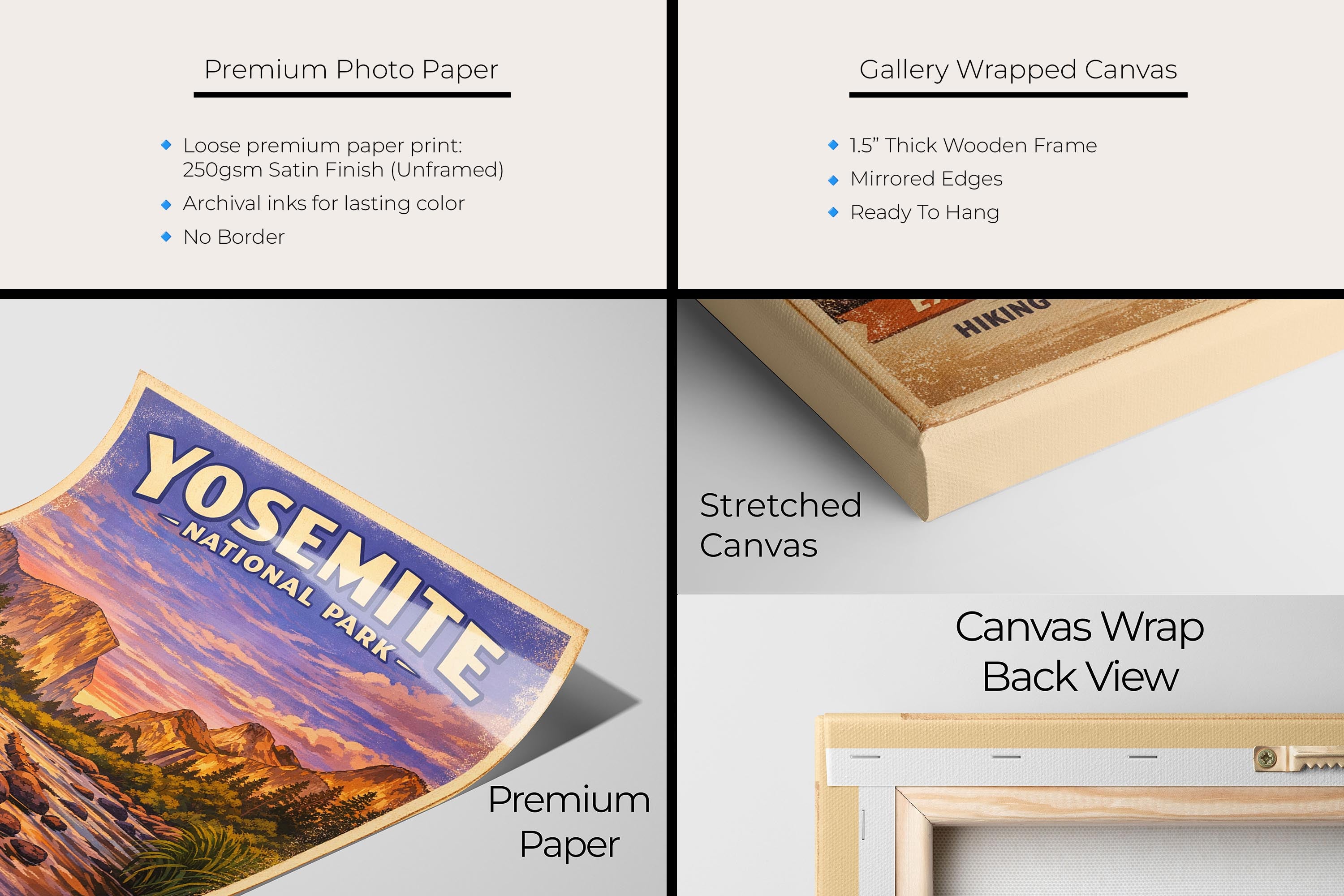 Yosemite National Park vintage travel poster featuring El Capitan and the Merced River artwork materials mockup showing premium photo paper and gallery wrapped canvas close up