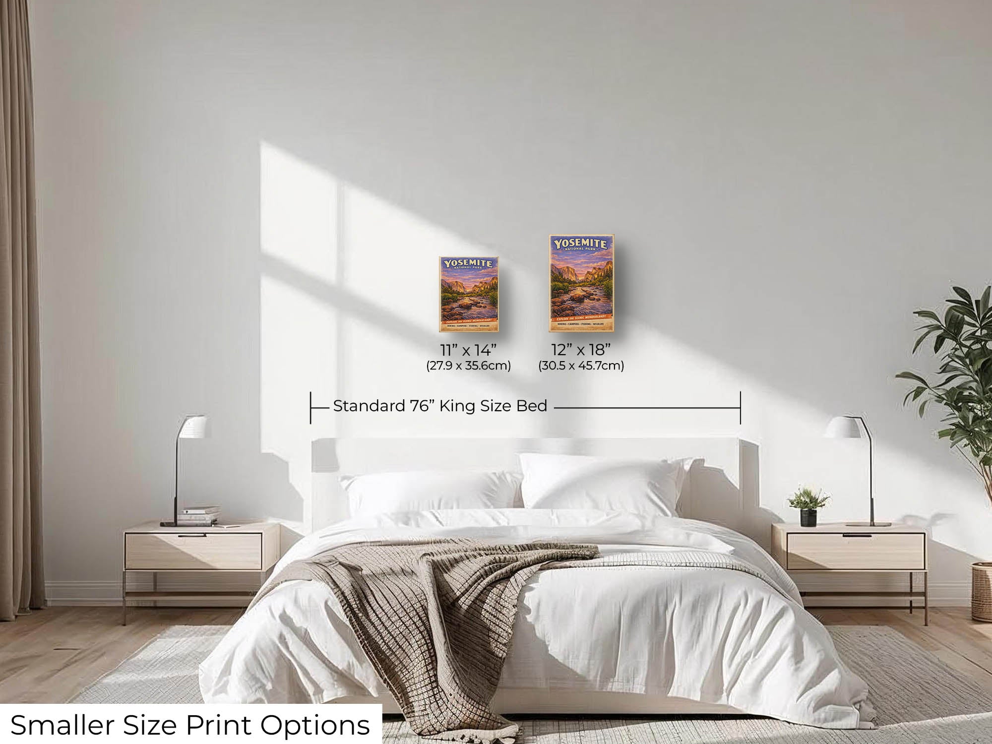 Yosemite National Park vintage travel poster featuring El Capitan and the Merced River wall art size mockup showing 11x14 and 12x18 inch prints above a king size bed 