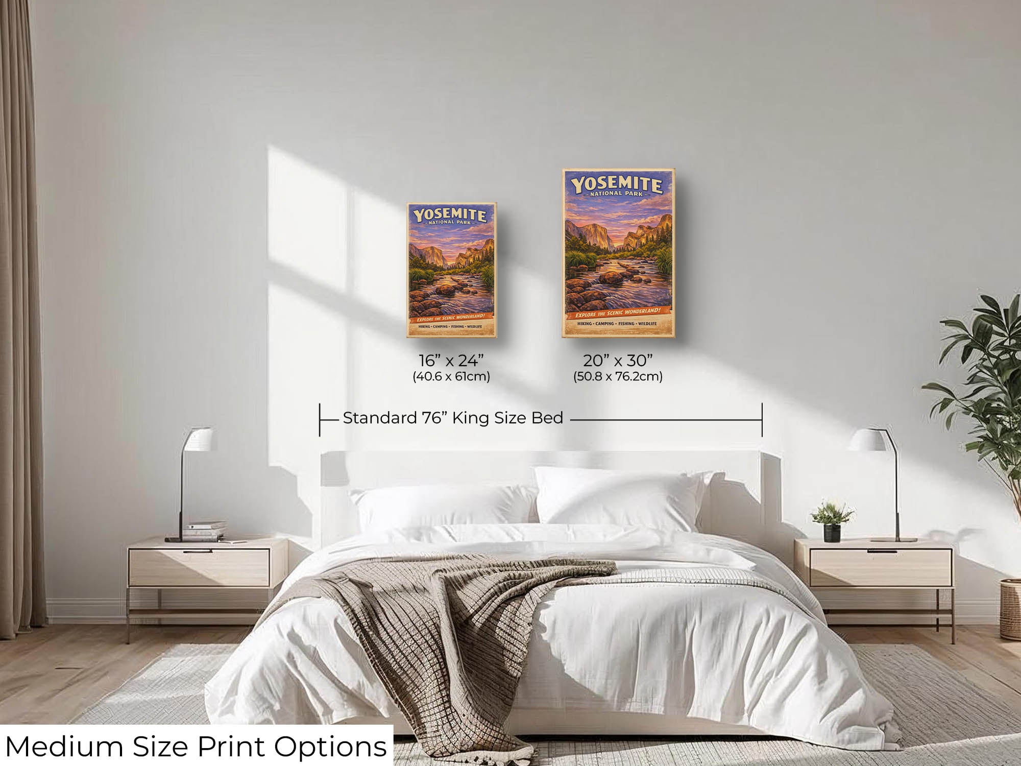 Yosemite National Park vintage travel poster featuring El Capitan and the Merced River wall art size mockup showing 16x24 and 20x30 inch prints above a king size bed 