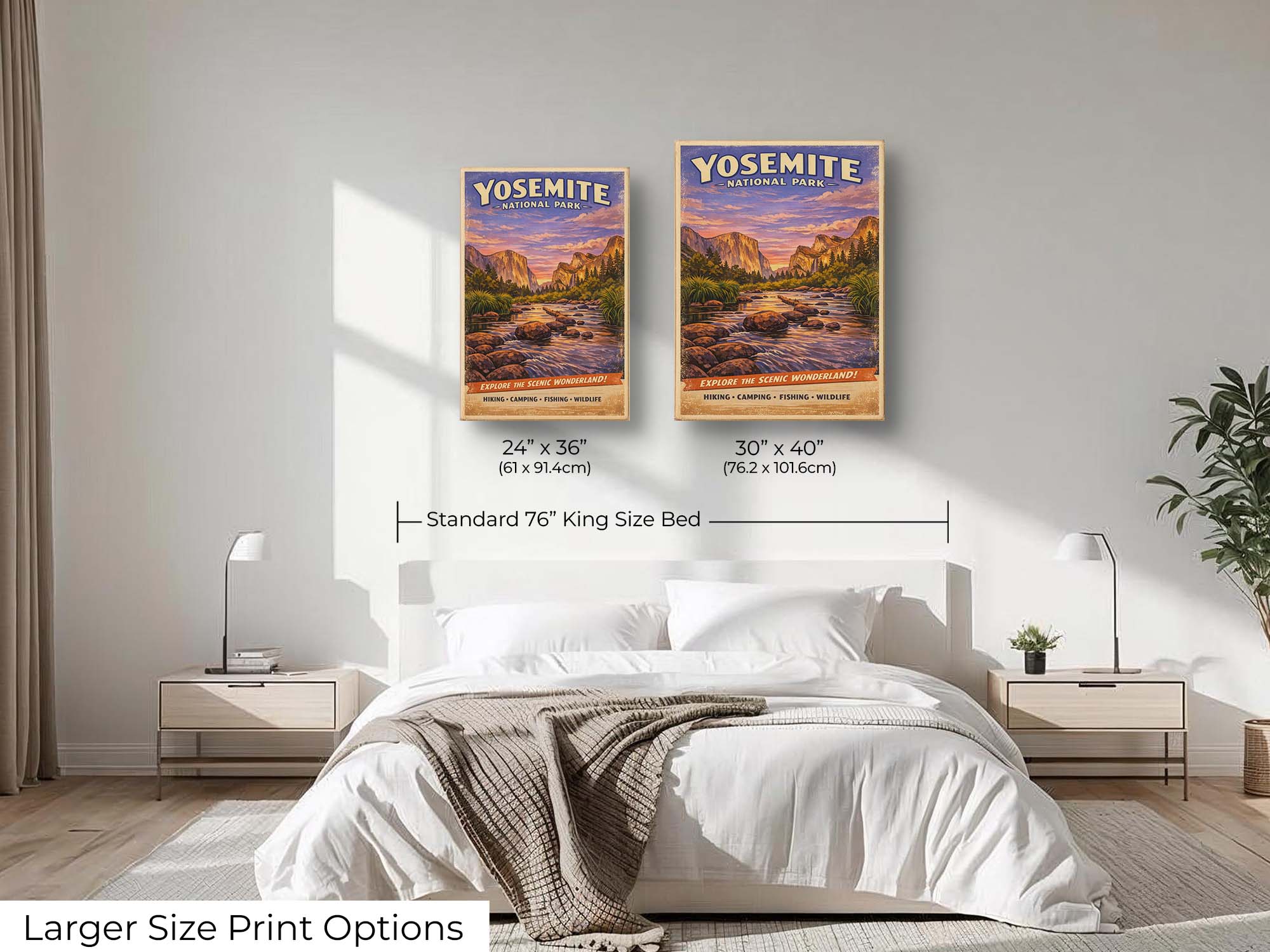 Yosemite National Park vintage travel poster featuring El Capitan and the Merced River wall art size mockup showing 24x36 and 30x40 inch prints above a king size bed 